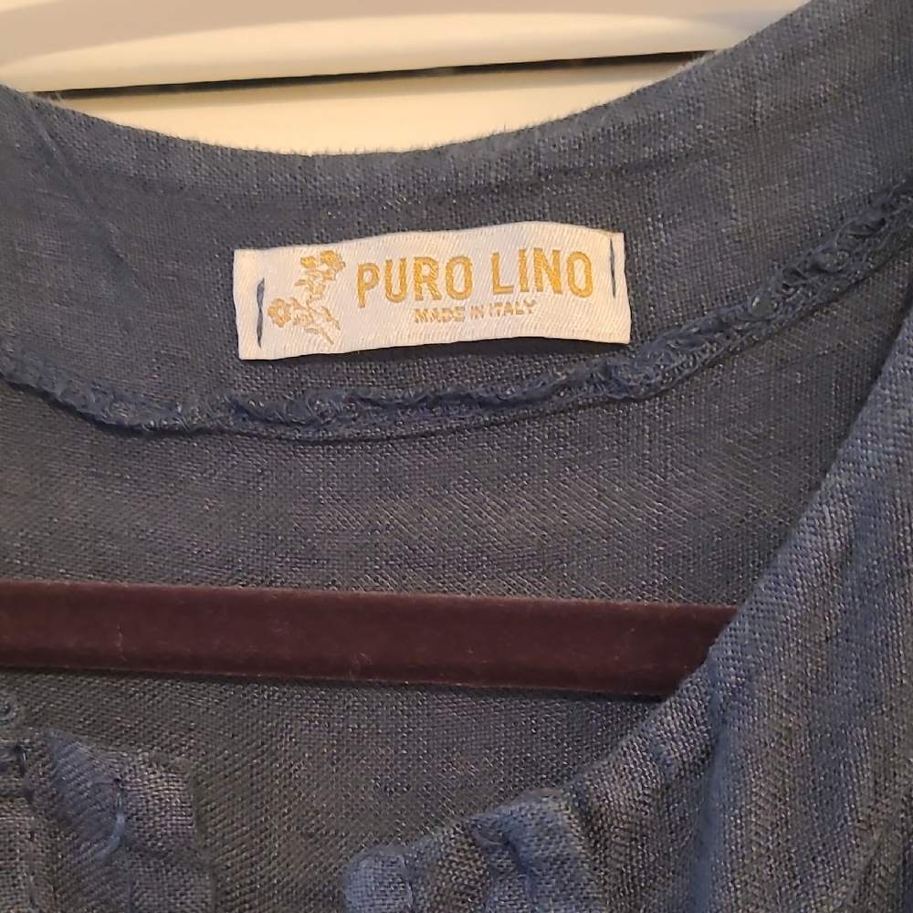 Puro Lino Dark Washed Blue 100% Linen High-Low Hem Dress Size L - Picture 2 of 5